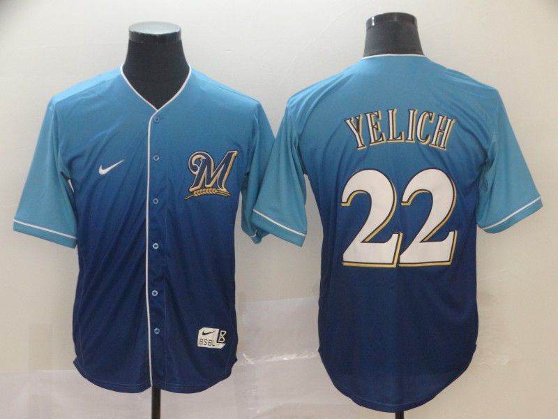 Men Milwaukee Brewers #22 Yelich Blue Nike Fade MLB Jersey